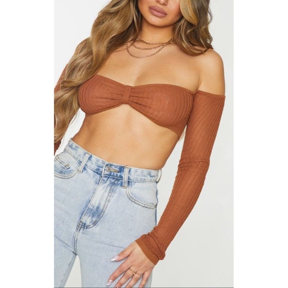 NWT PRETTYLITTLETHING RUST SHEER KNIT BARDOT TWIST FRONT TOP - Size Small - Picture 7 of 7